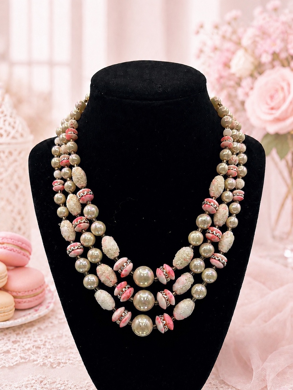 Vintage Japan Frosted Pink, Cream & Silver 3 Stranded Beaded Necklace. - Picture 3 of 10
